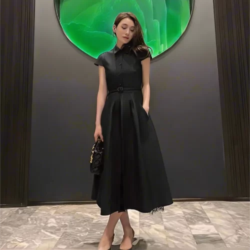 Chic 2025 Hepburn Style French Dress | Elegant Short-Sleeved Umbrella Skirt