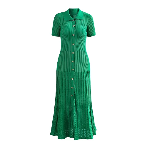 2025 Spring Summer French Style Women's Knitted Maxi Dress - Polo Neck, Short Sleeve